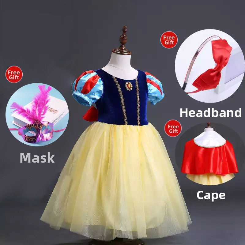 Bērnu princeses skatuves kleita - pūkaina svārku audums, iedvesota no Sniegbaltas un Pepeljugas, 3–8 gadi, bez apkakles, visām sezonām