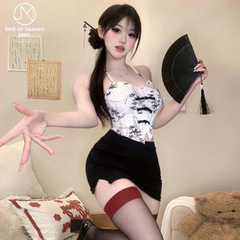 Seksualus apatinių komplektas kinų stiliumi su halter Cheongsam, trumpa sijonė su spauda, Bellyband, poliesteris 80–90%