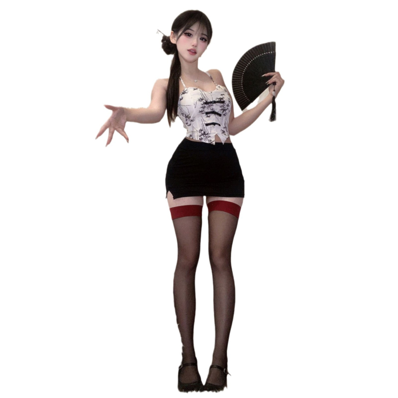 Seksualus apatinių komplektas kinų stiliumi su halter Cheongsam, trumpa sijonė su spauda, Bellyband, poliesteris 80–90%