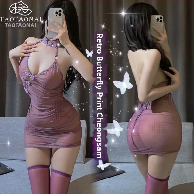 Qipao su drugelių raštu, permatomas tinklo audinys, aptemptas siluetas, poliesterio audinys, 90–95% poliesterio