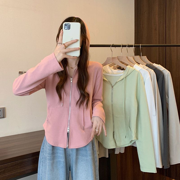 Koreanski kardigan s kapuljom i zatvaračem, geometrijski uzorak, pamuk/elastan tkanina, ležeran kroj, dugi rukavi, duljina 50–65 cm