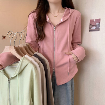 Koreanski kardigan s kapuljom i zatvaračem, geometrijski uzorak, pamuk/elastan tkanina, ležeran kroj, dugi rukavi, duljina 50–65 cm