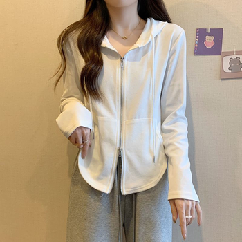 Koreanski kardigan s kapuljom i zatvaračem, geometrijski uzorak, pamuk/elastan tkanina, ležeran kroj, dugi rukavi, duljina 50–65 cm