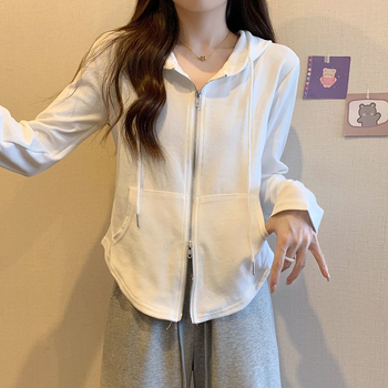 Koreanski kardigan s kapuljom i zatvaračem, geometrijski uzorak, pamuk/elastan tkanina, ležeran kroj, dugi rukavi, duljina 50–65 cm