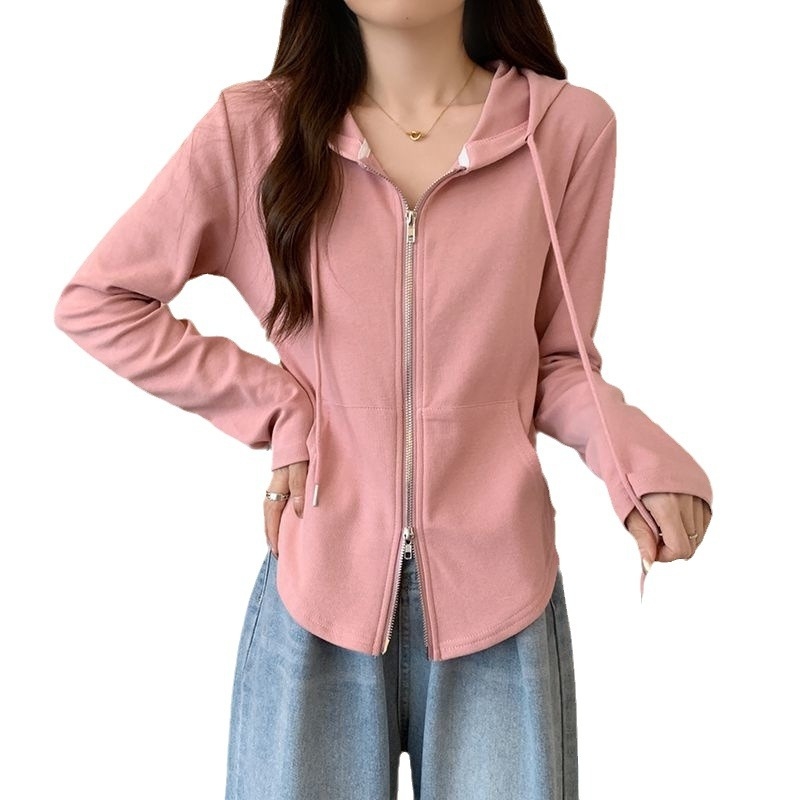 Koreanski kardigan s kapuljom i zatvaračem, geometrijski uzorak, pamuk/elastan tkanina, ležeran kroj, dugi rukavi, duljina 50–65 cm