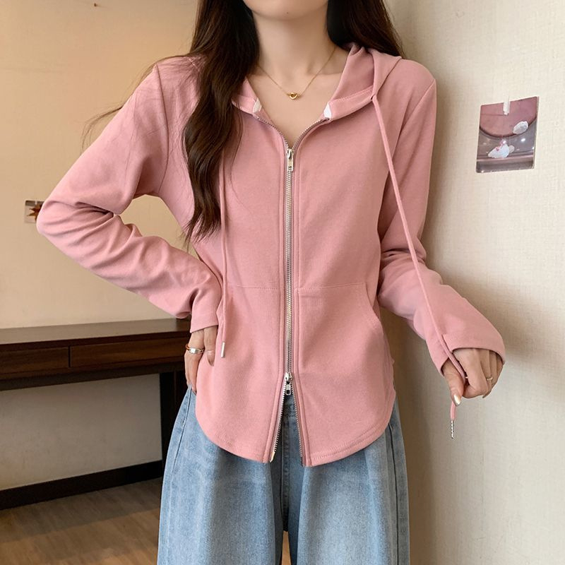 Koreanski kardigan s kapuljom i zatvaračem, geometrijski uzorak, pamuk/elastan tkanina, ležeran kroj, dugi rukavi, duljina 50–65 cm