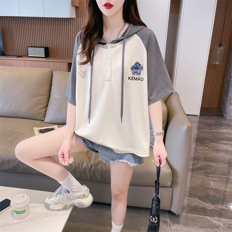 Majica s kapuljačom i raglan rukavima, pamuk, izvezeni 3D uzorak, širok kroj, ljeto 2025, japansko-korejski stil