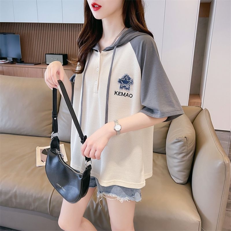 Majica s kapuljačom i raglan rukavima, pamuk, izvezeni 3D uzorak, širok kroj, ljeto 2025, japansko-korejski stil