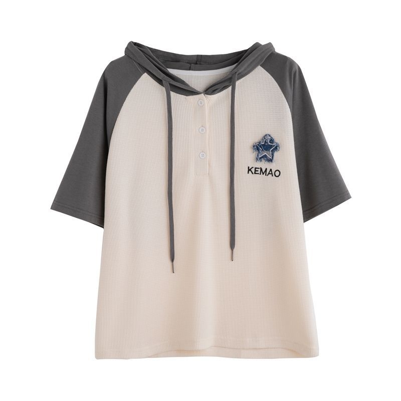 Majica s kapuljačom i raglan rukavima, pamuk, izvezeni 3D uzorak, širok kroj, ljeto 2025, japansko-korejski stil