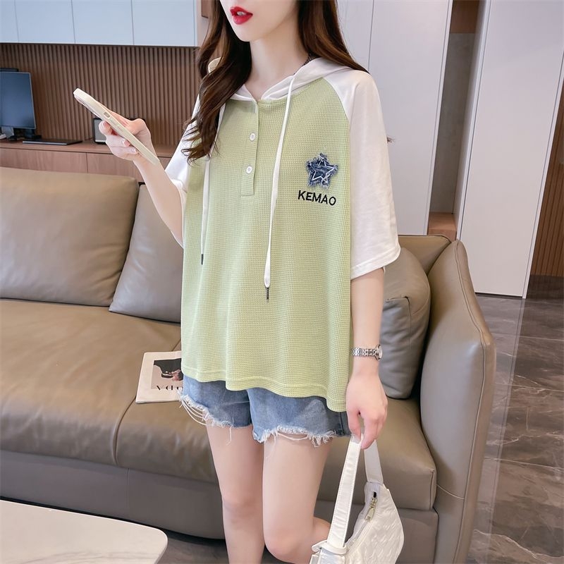 Majica s kapuljačom i raglan rukavima, pamuk, izvezeni 3D uzorak, širok kroj, ljeto 2025, japansko-korejski stil
