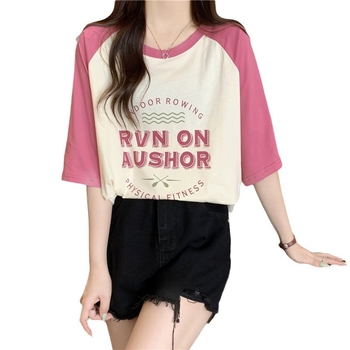 Majica s labavim krojem, kratki rukavi, okrugli izrez, korejskog stila, tekstualni uzorak (pamuk 95%+)