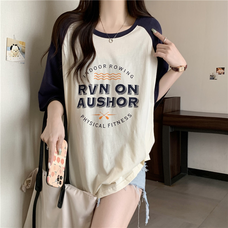 Majica s labavim krojem, kratki rukavi, okrugli izrez, korejskog stila, tekstualni uzorak (pamuk 95%+)