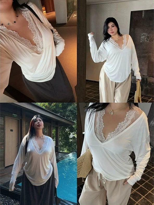 Ženski T-shirt, V-izrez, dugi rukavi, širok kroj, čipkasto šivanje s 3D uzorkom