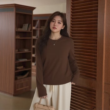 Knit majica za vanjsku upotrebu, okrugli izrez, dugi rukavi, široki kroj, patchwork dizajn; 65% poliester, 30% pamuk, 5% elastan