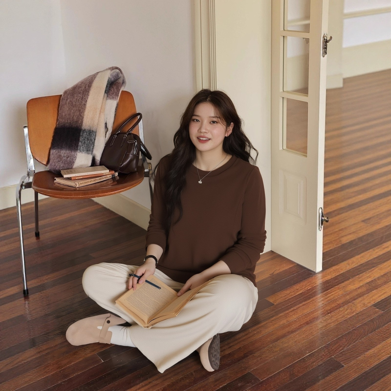 Knit majica za vanjsku upotrebu, okrugli izrez, dugi rukavi, široki kroj, patchwork dizajn; 65% poliester, 30% pamuk, 5% elastan