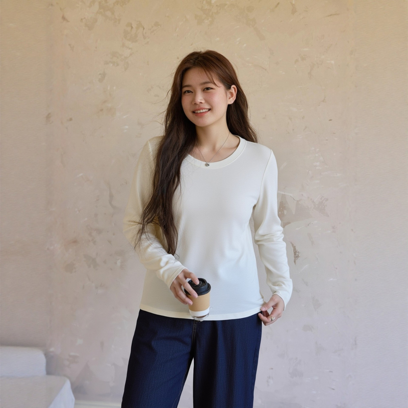 Knit majica za vanjsku upotrebu, okrugli izrez, dugi rukavi, široki kroj, patchwork dizajn; 65% poliester, 30% pamuk, 5% elastan