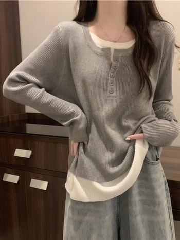 Majica s blok uzorkom, poliester tkanina, dugi rukavi, okrugli izrez, slobodan kroj