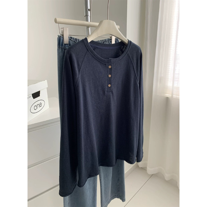 Ženski dugi rukav pamucna casual majica, jesen izdanje 2025, 21-count čisto pamuk, sadržaj pamuka 90–95%, okrugli izrez, ravni kroj