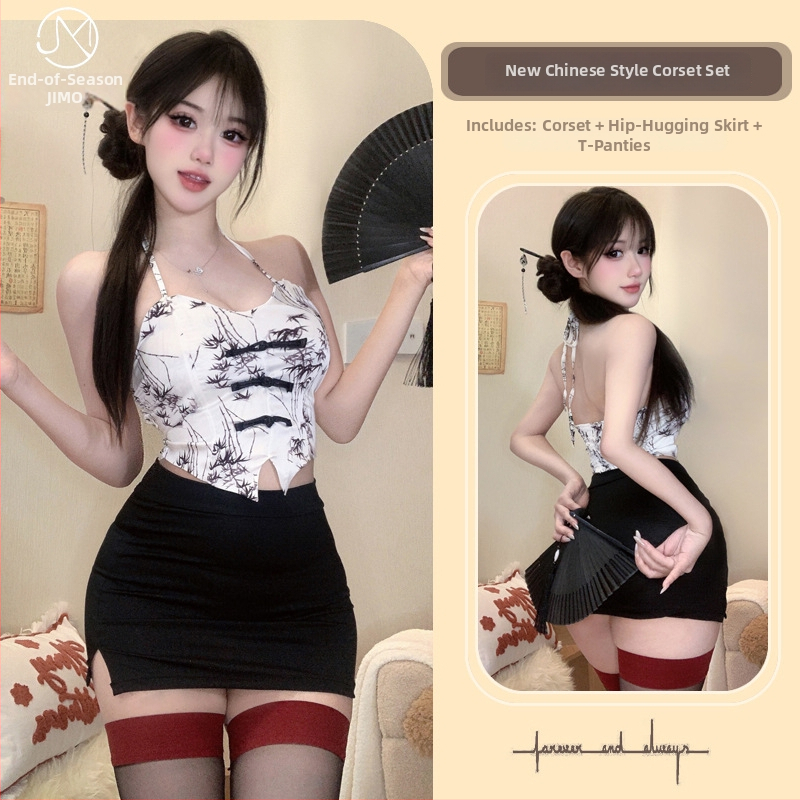 Seksi apatiniai komplektas, Kinų stiliaus Cheongsam halter su bellyband ir atviru dekolto dizainu, spausdintas trumpas sijonas, poliesteris (80–90%)