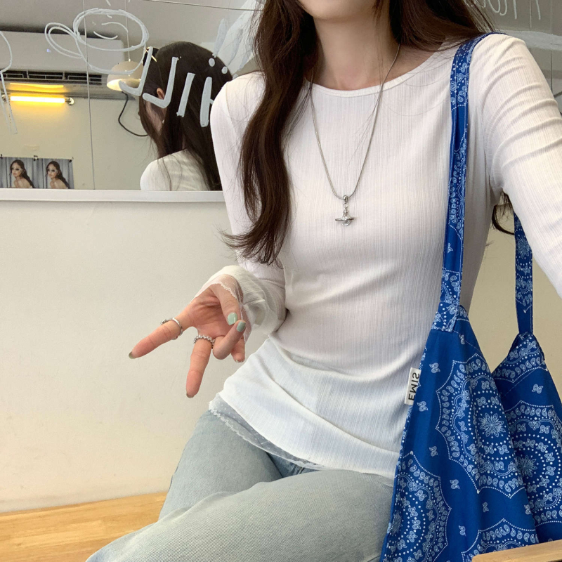 Ženska majica s čipkastim panelima, okrugli vrat, dugi rukavi, uski kroj (Materijal: poliester; Okrugli vrat; Dugi rukavi; Uski kroj)