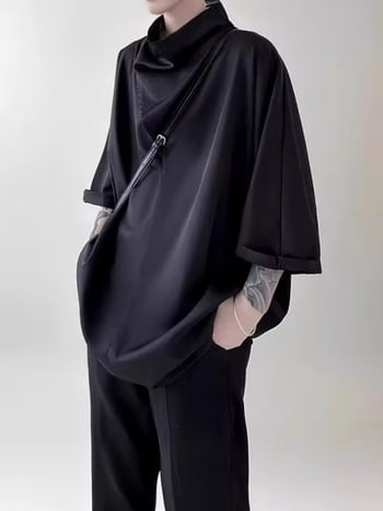 T-shirt u japanskom stilu sa složenim ovratnikom, Ice Silk tkanina, slobodan kroj, geometrijski uzorak