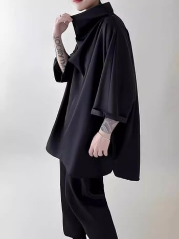 T-shirt u japanskom stilu sa složenim ovratnikom, Ice Silk tkanina, slobodan kroj, geometrijski uzorak