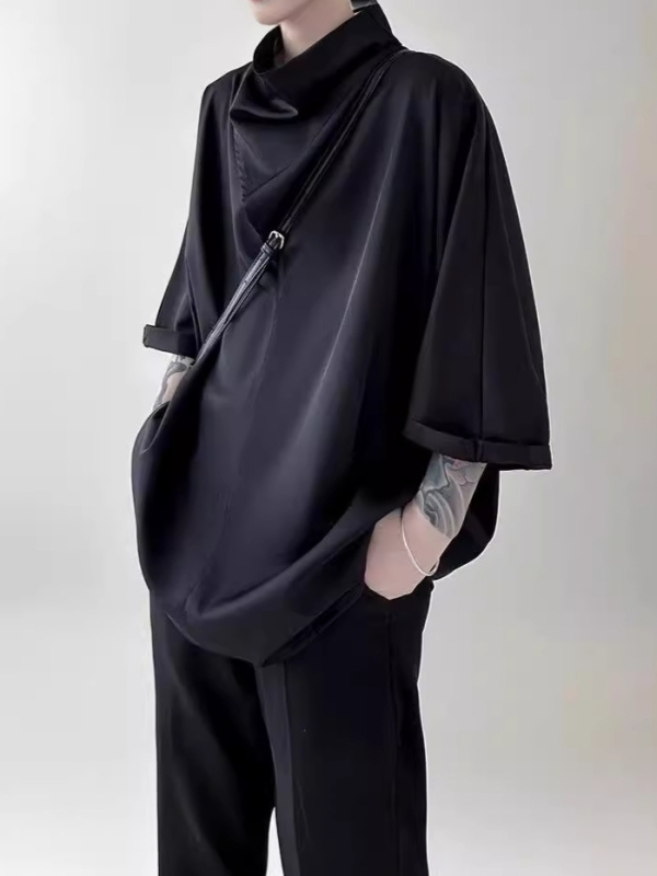 T-shirt u japanskom stilu sa složenim ovratnikom, Ice Silk tkanina, slobodan kroj, geometrijski uzorak