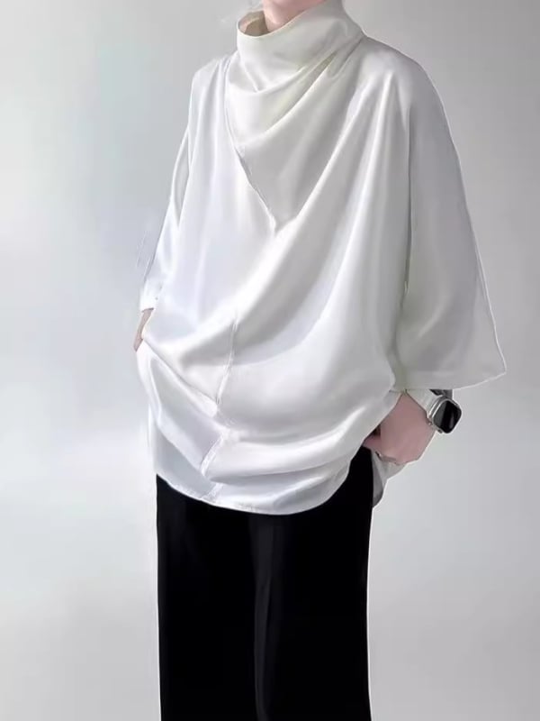 T-shirt u japanskom stilu sa složenim ovratnikom, Ice Silk tkanina, slobodan kroj, geometrijski uzorak