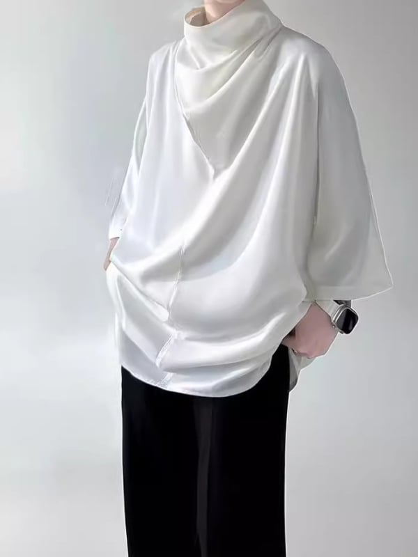 T-shirt u japanskom stilu sa složenim ovratnikom, Ice Silk tkanina, slobodan kroj, geometrijski uzorak