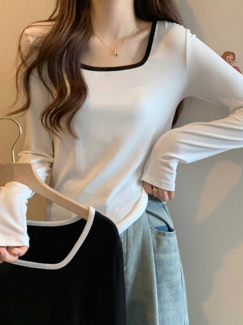 Ženski top s dugim rukavima, kvadratnim ovratnikom, oversize kroj, vez, tkanina od regenerirane celuloze