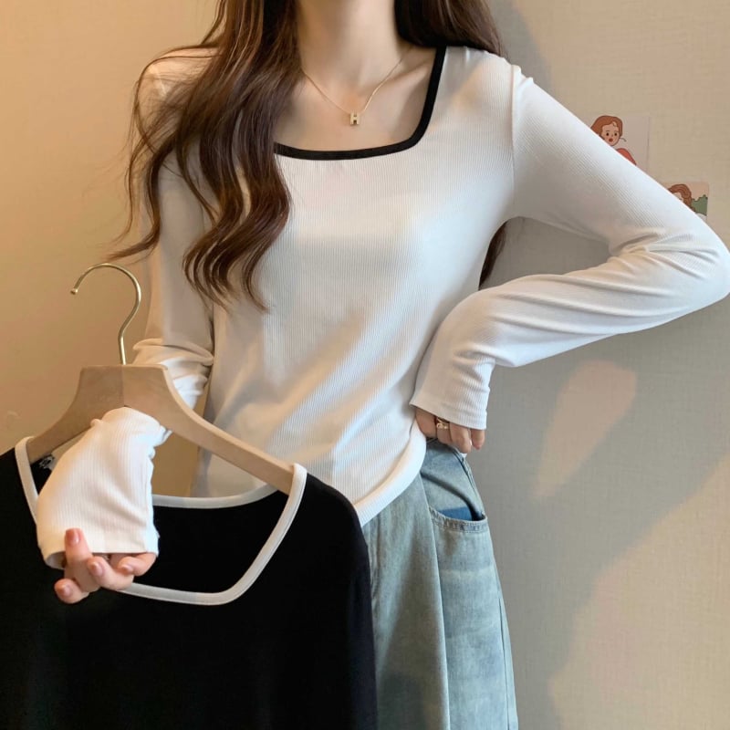 Ženski top s dugim rukavima, kvadratnim ovratnikom, oversize kroj, vez, tkanina od regenerirane celuloze