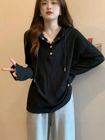 Majica s kapuljačom – dugi rukavi, retro stil, labav kroj, okrugli izrez, poliester