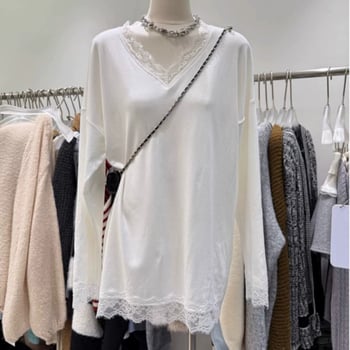 Patchwork majica s V-izrezom, dugi rukav, slobodan kroj, srednja duljina (65–80 cm); poliester s elastanom