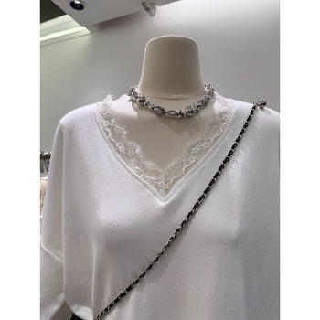 Patchwork majica s V-izrezom, dugi rukav, slobodan kroj, srednja duljina (65–80 cm); poliester s elastanom