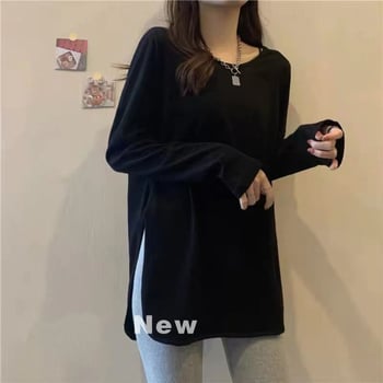 Pamučna majica s izšivkom, dugi rukav, okrugli izrez, zima 2023