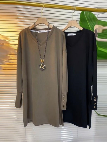 Ženska majica s dugim rukavima, V izrezom, vezenim ukrasom, jednobojni uzorak, opušten kroj