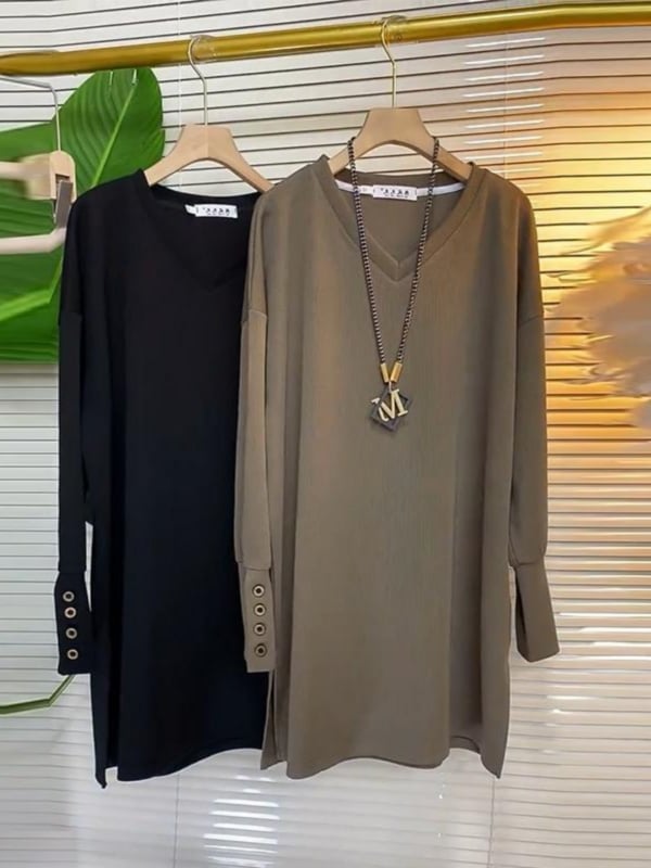 Ženska majica s dugim rukavima, V izrezom, vezenim ukrasom, jednobojni uzorak, opušten kroj