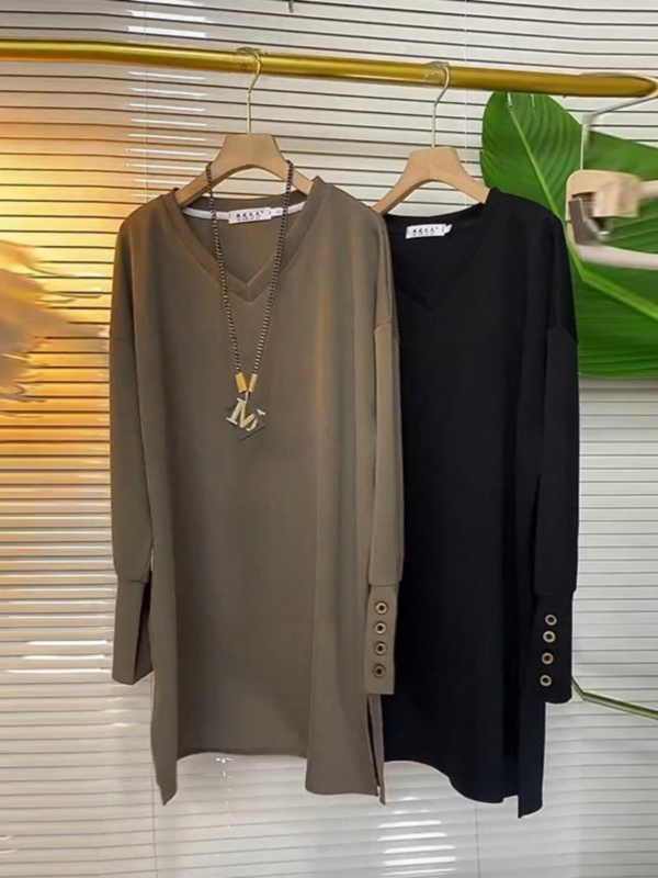 Ženska majica s dugim rukavima, V izrezom, vezenim ukrasom, jednobojni uzorak, opušten kroj