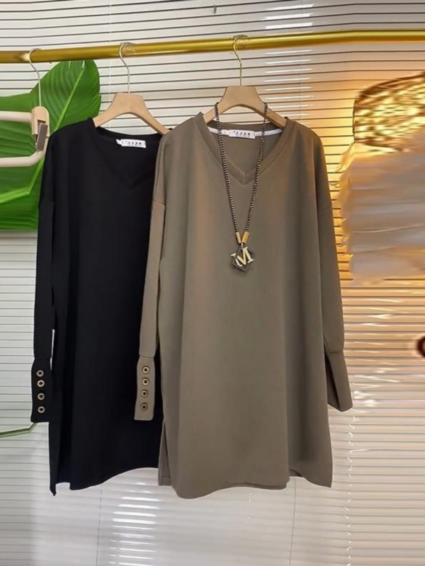 Ženska majica s dugim rukavima, V izrezom, vezenim ukrasom, jednobojni uzorak, opušten kroj