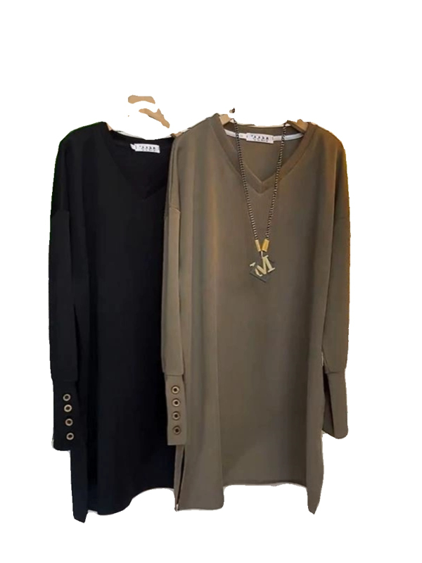 Ženska majica s dugim rukavima, V izrezom, vezenim ukrasom, jednobojni uzorak, opušten kroj