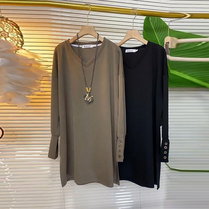 Ženska majica s dugim rukavima, V izrezom, vezenim ukrasom, jednobojni uzorak, opušten kroj