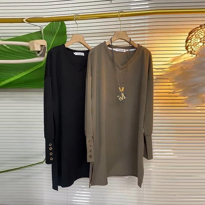 Ženska majica s dugim rukavima, V izrezom, vezenim ukrasom, jednobojni uzorak, opušten kroj