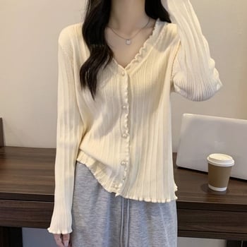 Poliészter V-nyakú hosszú ujjú póló, laza szabású, rövid fazon