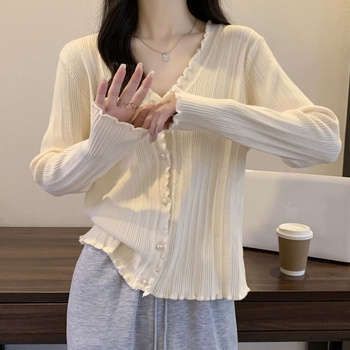 Poliészter V-nyakú hosszú ujjú póló, laza szabású, rövid fazon