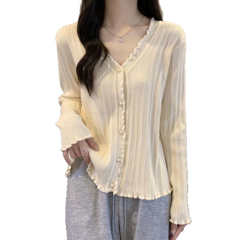 Poliészter V-nyakú hosszú ujjú póló, laza szabású, rövid fazon