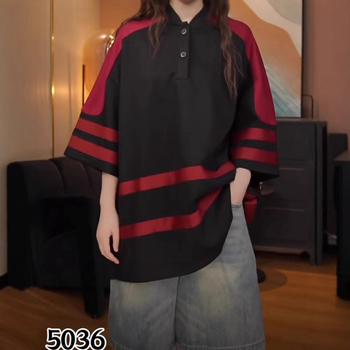 Szabadon szabású pamut póló álló gallérral és 5/4-es ujjúval