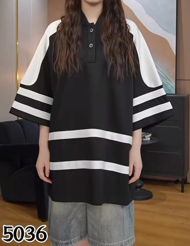 Szabadon szabású pamut póló álló gallérral és 5/4-es ujjúval