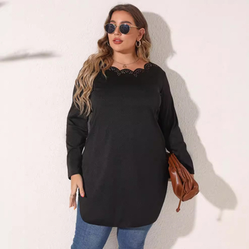 Ženski top slobodnog kroja s dugim rukavima, kružni izrez i burnout floral uzorak, poliester-elastan smjesa
