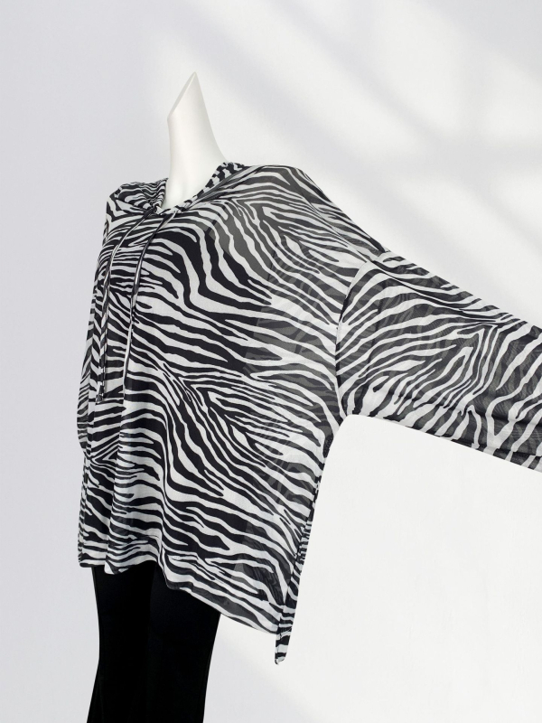 Majica s mrežastim Ice Silk materijalom, kapuljačom, široki kroj, dugi rukavi, geometrijski uzorak