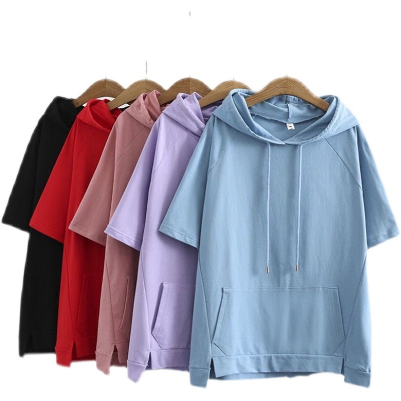 Ženska majica s kapuljačom, korejski stil, slim fit, kratki rukav, duga kroj (80–100 cm), Mercerizirani materijal